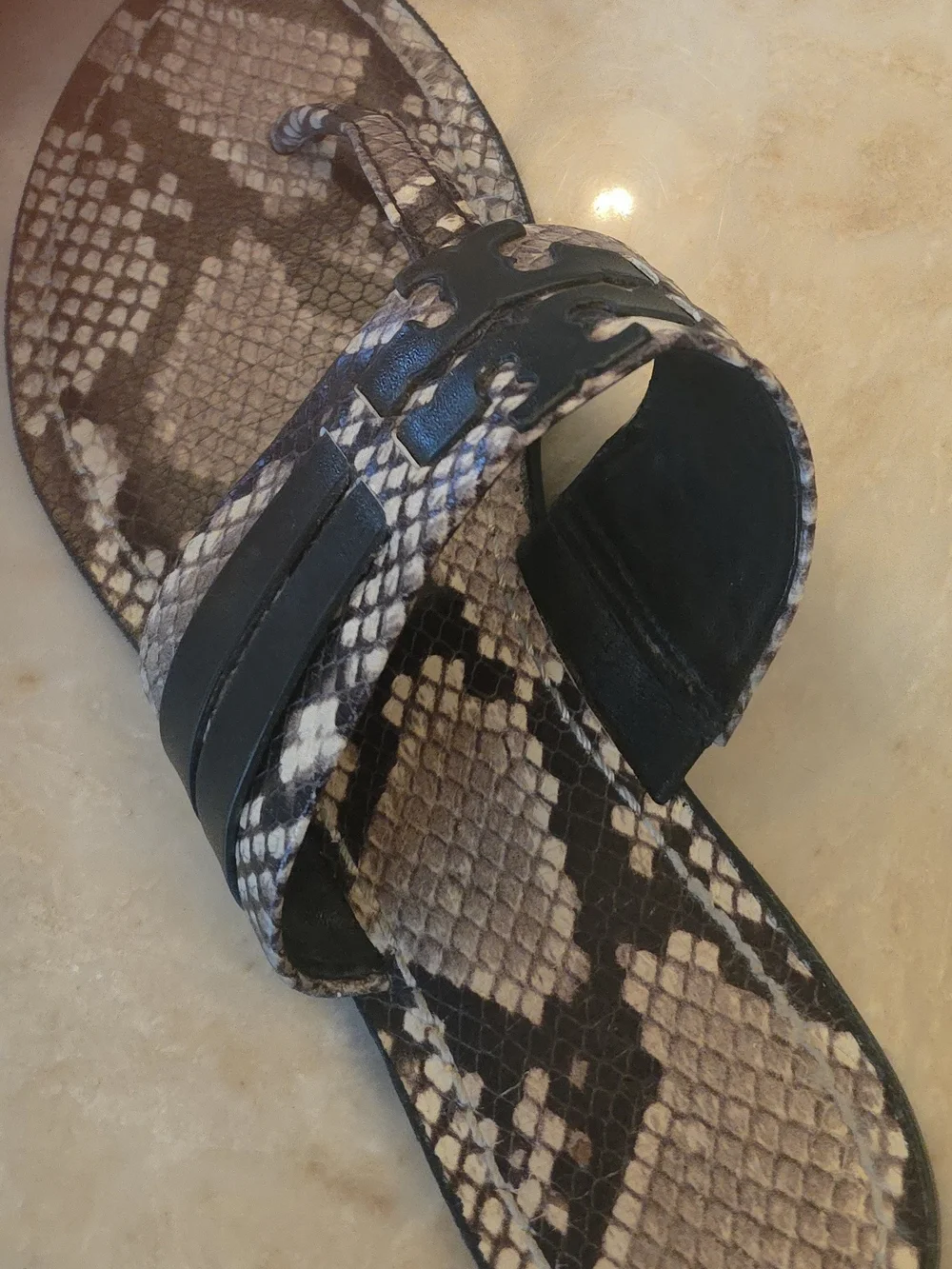 Tory Burch Snake-Print Slide Sandal with Black Trim